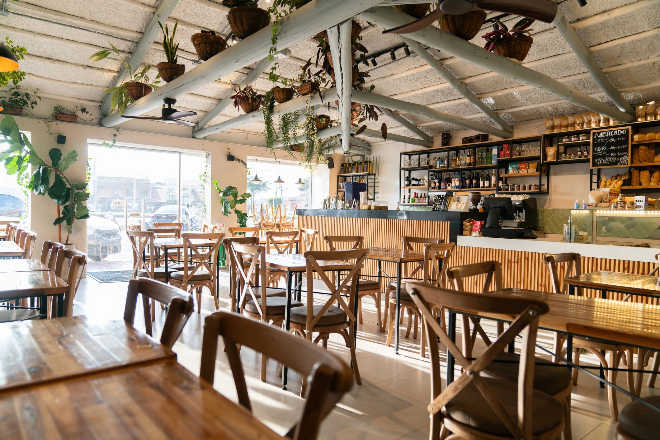 Warm, cozy bakery interior with counter and seating